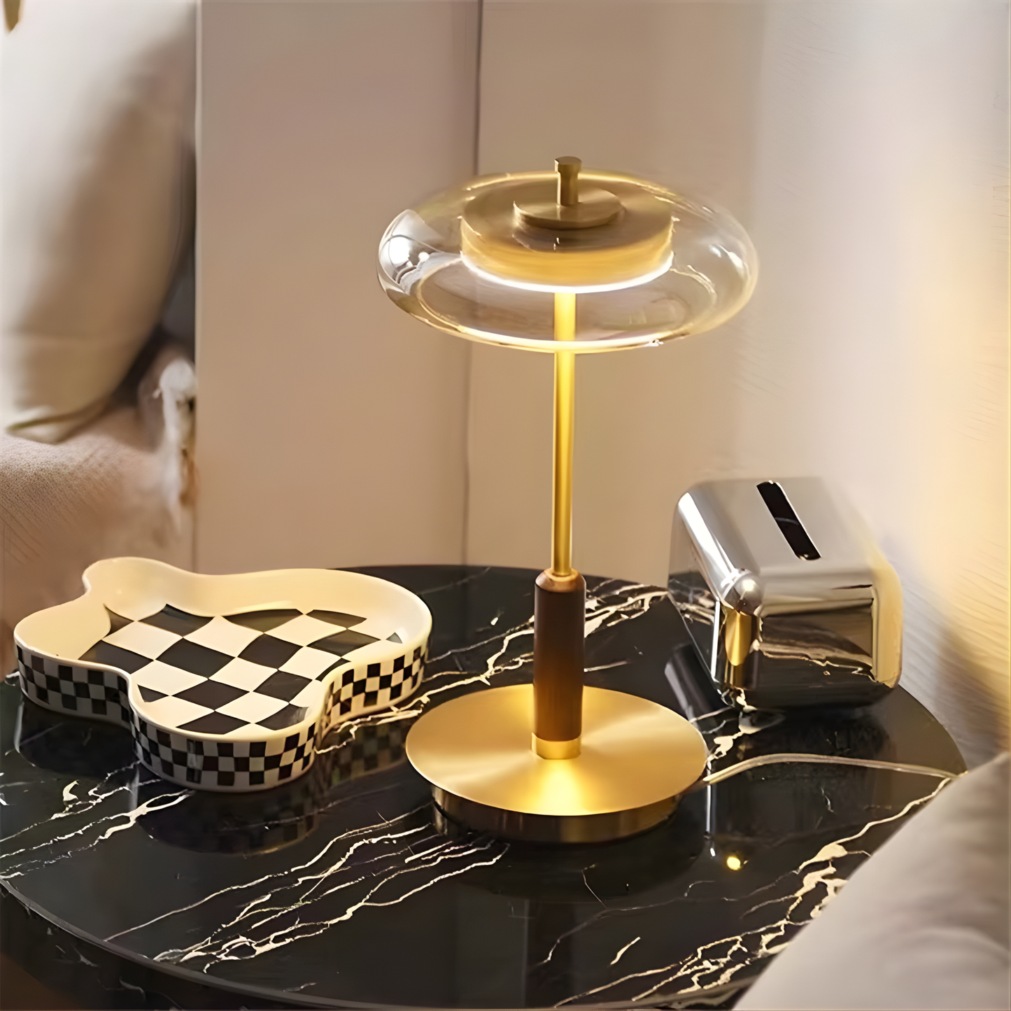 Brushed Brass & Amber Glass LED Table Lamp
