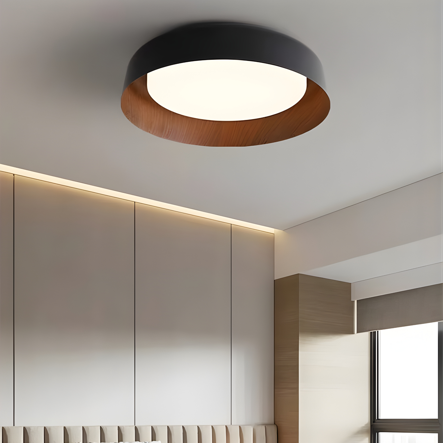 Modern Wood-Trim Flush Mount Ceiling Light